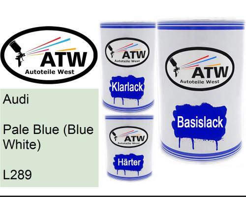 Audi, Pale Blue (Blue White), L289: 500ml Lackdose + 500ml Klarlack + 250ml Härter - Set, von ATW Autoteile West.